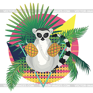 Lemur with tropical leaves and fruits - vector clipart
