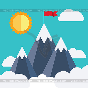 Mountains with red flag - vector clip art