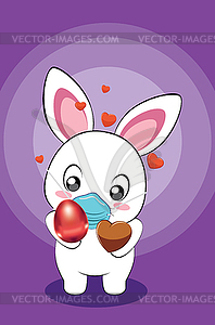 White Bunny in mask with Easter eggs card - vector image