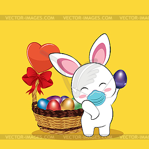 White Bunny in mask with Easter eggs card - vector image