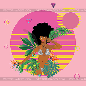 Afro Girl in leopard bikini with tropic plants - vector image