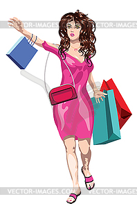 Brunette in pink dress shopper - vector image