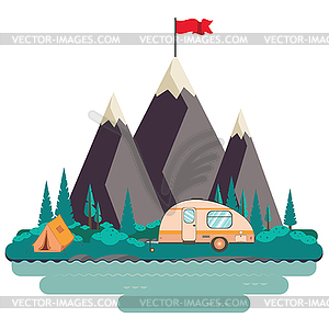 Mountains with red flag and camping tent - vector clip art