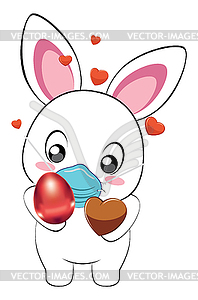 White Bunny in mask with Easter eggs - vector clip art