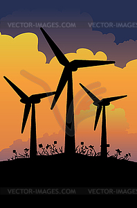 Wind turbine silhouette at sunset - vector clip art