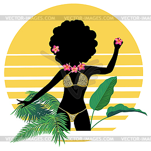 Girl in leopard bikini silhouette with tropic plants - vector image