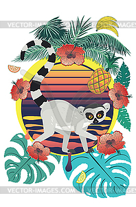 Lemur with tropical leaves and fruits - vector clip art