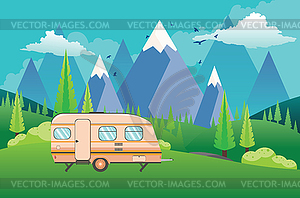 Mountains green hills and camping trailer - vector image