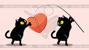 Black cat couple catch heart - vector clipart