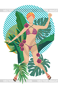 Блондинка в леопардовом бикини с тропическими растениями - цветной векторный клипарт