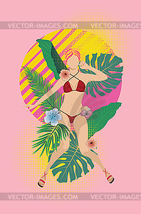 Blond girl in leopard bikini with tropic plants - vector clipart