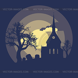 Церковь рядом с жутким силуэтом дерева - изображение в векторе
