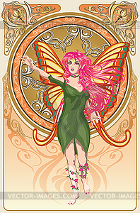 Fairy with pink hair and Floral frame - vector image