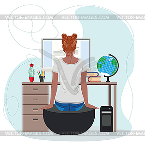 Girl in gray tee reading on screen - vector clipart