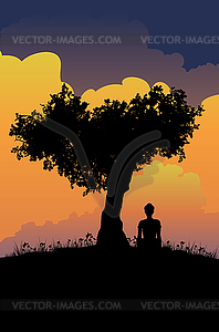 Girl sit under tree silhouette at sunset - vector image