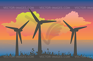 Wind turbine silhouette at sunset - vector clipart