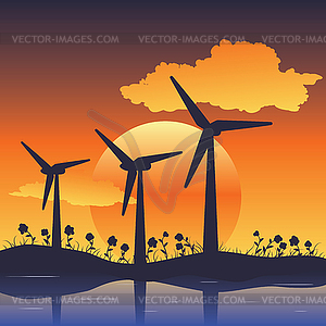 Wind turbine silhouette at sunset - vector clip art