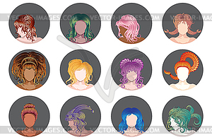 Fantasy girl hairstyles avatar - vector image