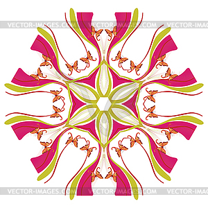 Цветочный круговой орнамент с бабочкой - векторный дизайн