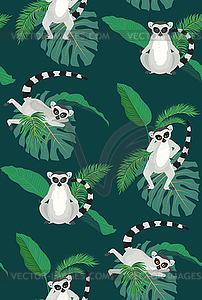 Lemur and tropic leaves pattern - vector image