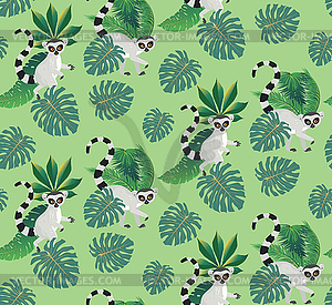 Lemur and tropic leaves pattern - vector image