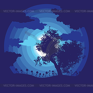 Night landscape with tree silhouette - vector image