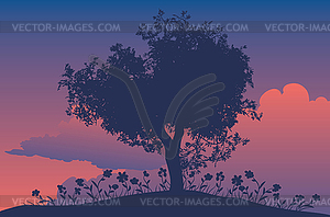 Tree silhouette at sunset - vector image