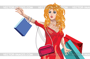 Blond in red dress shopper - vector image