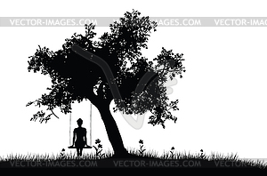 Girl on swing under tree silhouette - vector image