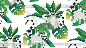 Lemur and tropic leaves pattern - vector clipart