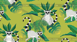 Lemur and tropic leaves pattern - vector image