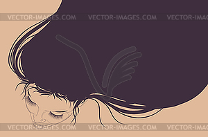 Line art girl face and long hair top view - vector clip art