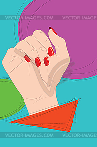 Caucasian hand with red nails poster - vector image