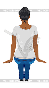 Dark skinned girl sit in gray t shirt back - vector image