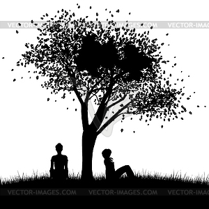 Girl sit under tree silhouette - vector clipart