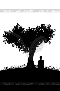 Girl sit under tree silhouette - vector clip art