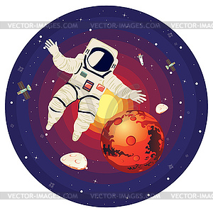 Spaceman flying among stars and planets - vector image