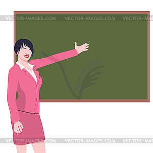 Teacher in pink suit and chalkboard - vector clipart