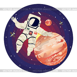 Spaceman flying among stars and planets - stock vector clipart
