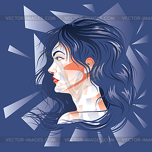 Woman in profile with blue hair and polygons - vector image