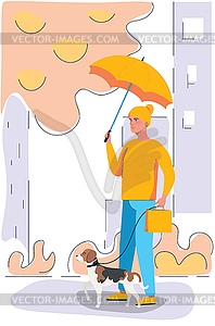 Woman with yellow umbrella and beagle - vector clip art