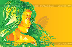 Geometric yellow girl with green hair - vector image