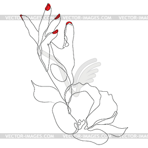 Hand with red nails and flower single line - vector image