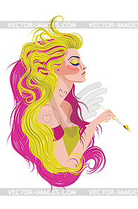 Girl with pink and yellow hair holding paintbrush - vector clip art