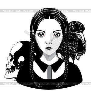 Gothic girl with two braids and skull - vector image