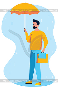 Man with yellow umbrella and bags - vector clip art