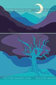 Night lake in mountains and tree - vector image