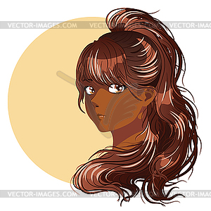 Anime brunette girl with dark skin - vector image