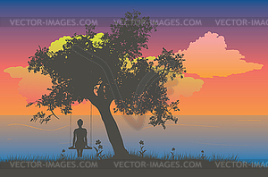 Girl on swing and tree silhouette at sunset - vector clip art