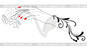 Hand with red nails and flower line art - vector clipart